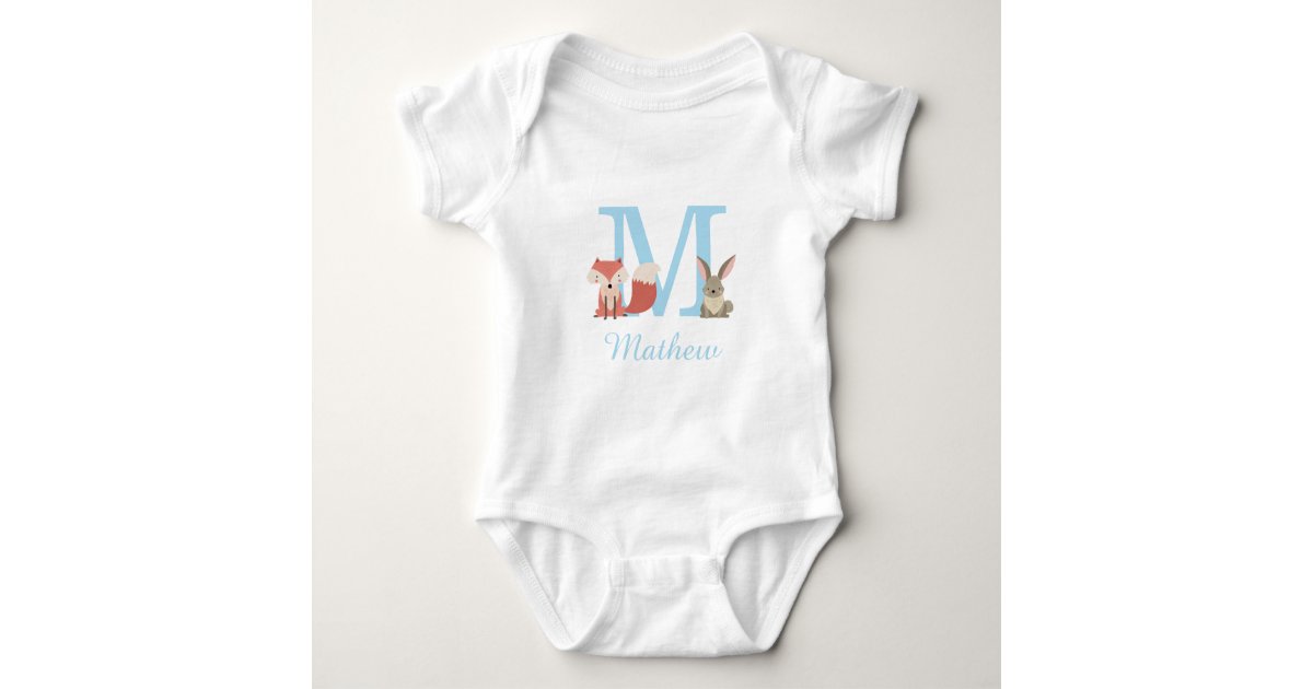 Woodland Animals Blue Baby Boy Initial Monogram Baby Bodysuit