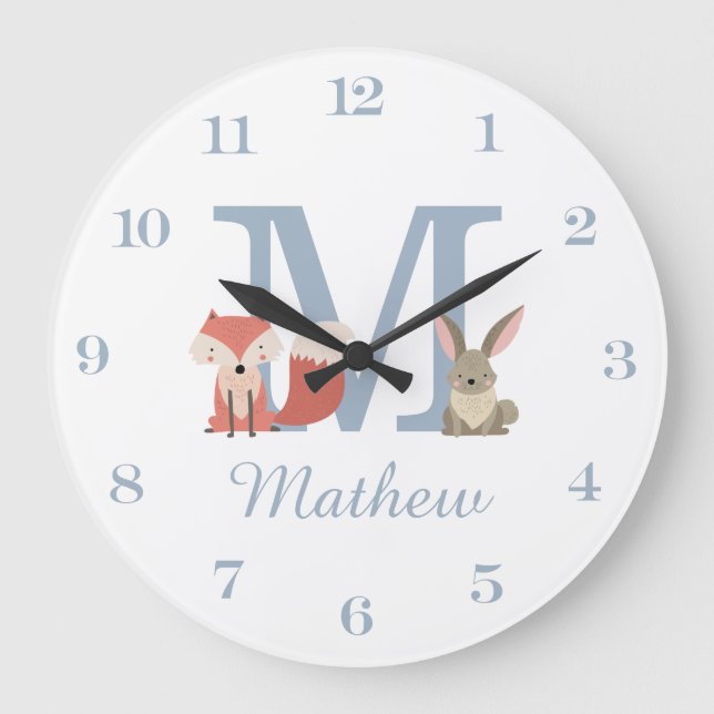 Woodland Animals Blue Baby Boy Initial Monogram Large Clock (Front)