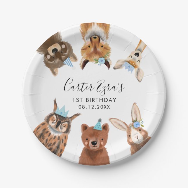 Woodland Animals Blue Birthday Party Paper Plates (Front)