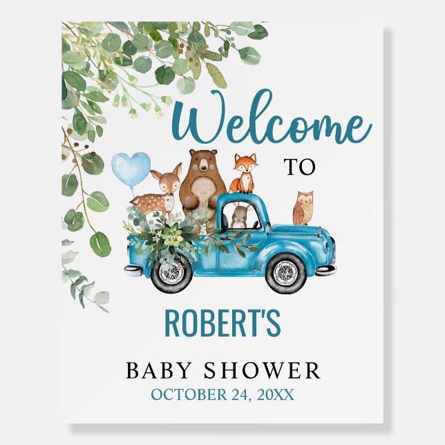 Woodland Animals Blue Truck Baby Shower Foam Board (Front)