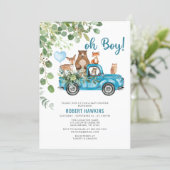 Woodland Animals Blue Truck Baby Shower Invitation (Standing Front)