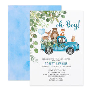 Woodland Animals Blue Truck Baby Shower Invitation