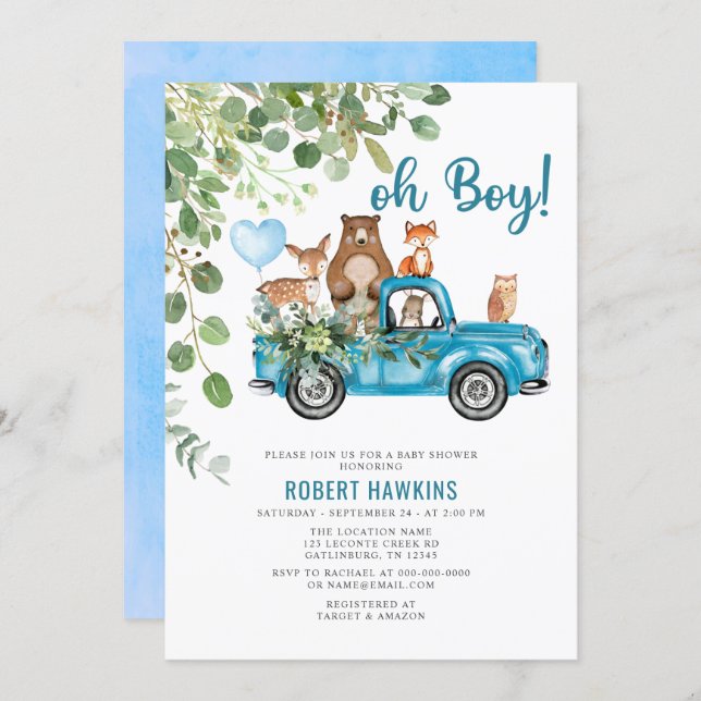 Woodland Animals Blue Truck Baby Shower Invitation (Front/Back)