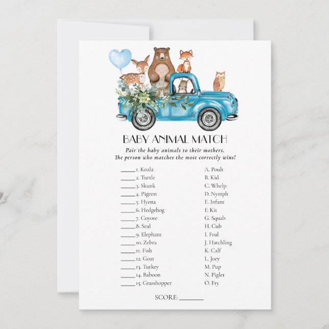 Woodland Animals Blue Truck Match Game Card (Front)