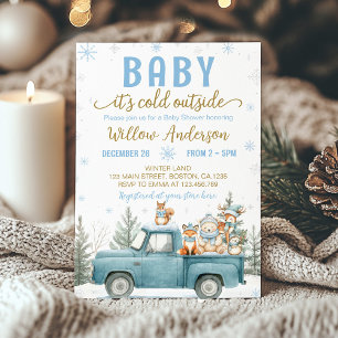 Woodland Animals Blue Truck Winter Baby Shower Invitation