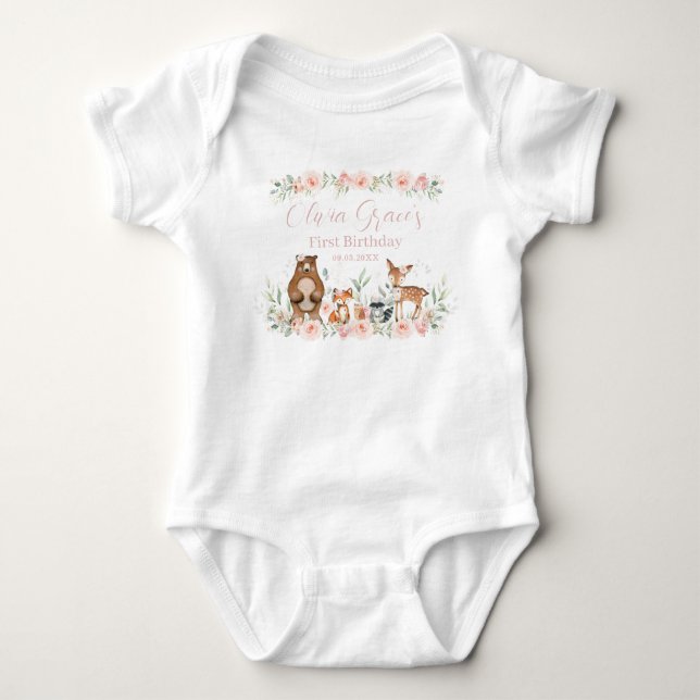 Woodland Animals Blush Floral 1st Birthday Outfit  Baby Bodysuit (Front)