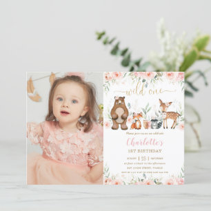 Woodland Animals Blush Floral 1st Birthday Photo Invitation
