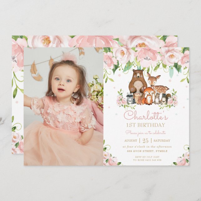 Woodland Animals Blush Floral 1st Birthday Photo Invitation (Front/Back)