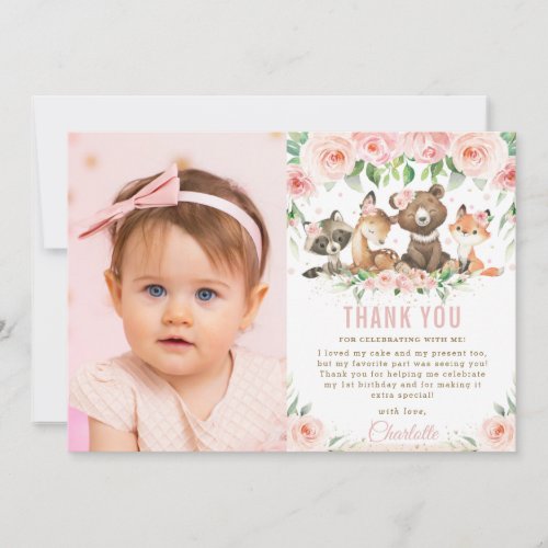 Woodland Animals Blush Floral 1st Birthday Photo  Thank You Card