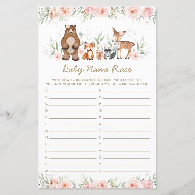 Woodland Animals Blush Floral Baby Name Race Game (Front)
