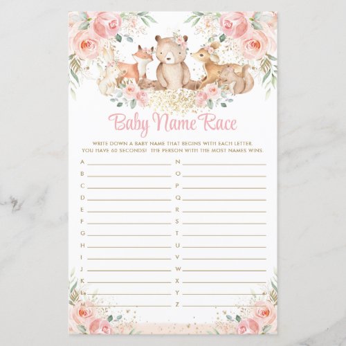 Woodland Animals Blush Floral Baby Name Race Game