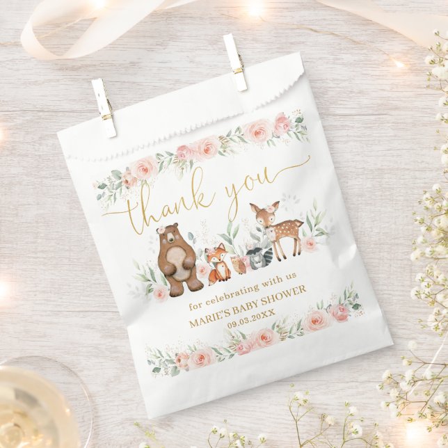 Woodland Animals Blush Floral Baby Shower Birthday Favor Bag (Clipped)