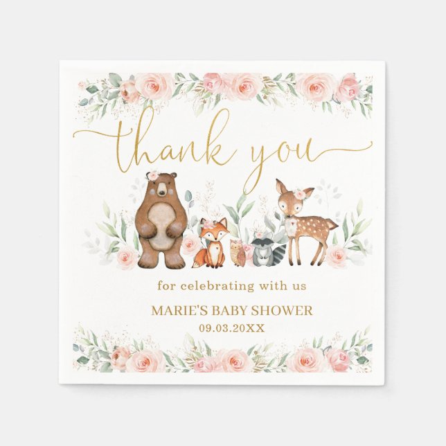 Woodland Animals Blush Floral Baby Shower Birthday Napkins (Front)