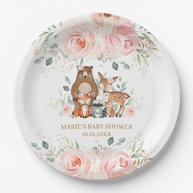 Woodland Animals Blush Floral Baby Shower Birthday Paper Plates (Front)