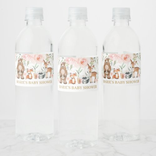 Woodland Animals Blush Floral Baby Shower Birthday Water Bottle Label