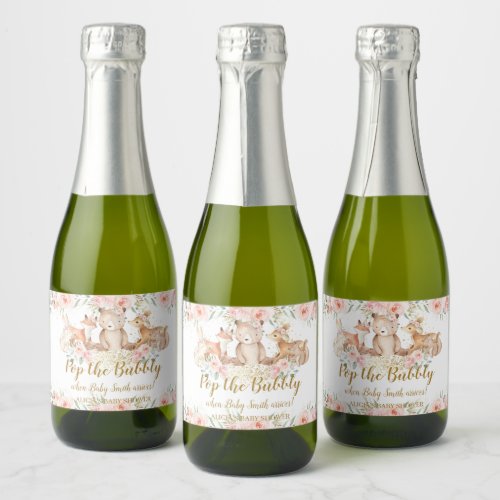 Woodland Animals Blush Floral Baby Shower Pop Sparkling Wine Label