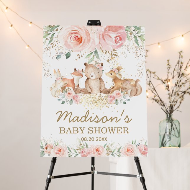 Woodland Animals Blush Floral Baby Shower Welcome  Foam Board (In Situ (Stand))