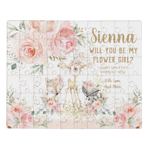 Woodland Animals Blush Floral Be My Flower Girl Jigsaw Puzzle