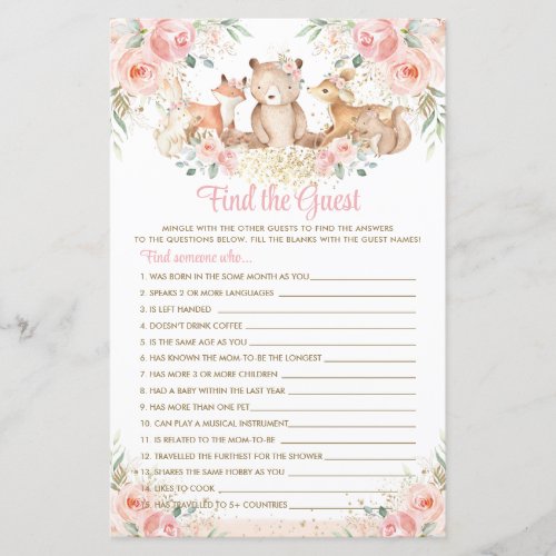 Woodland Animals Blush Floral Find the Guest Game