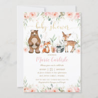 Woodland Animals Blush Floral Girl Baby Shower Invitation