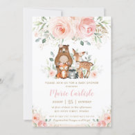 Woodland Animals Blush Floral Girl Baby Shower Invitation