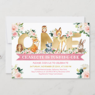 Woodland animals blush floral gold ONE birthday Invitation