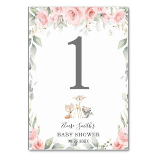 Woodland Animals Blush Floral Greenery Baby Shower Table Number