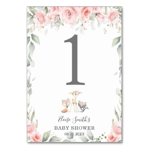 Woodland Animals Blush Floral Greenery Baby Shower Table Number