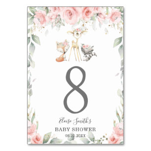 Woodland Animals Blush Floral Greenery Baby Shower Table Number