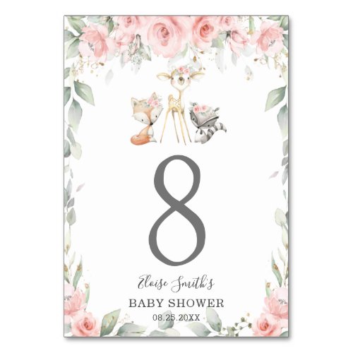 Woodland Animals Blush Floral Greenery Baby Shower Table Number