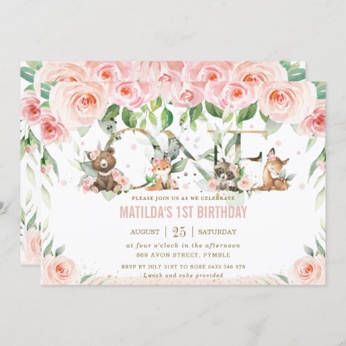 Woodland Animals Blush Floral One 1st Birthday Invitation