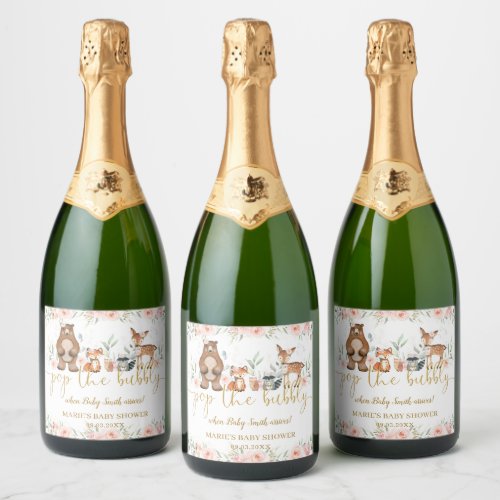 Woodland Animals Blush Floral Pop the Bubbly  Sparkling Wine Label