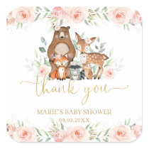 Woodland Animals Blush Floral Thank You Favor   Square Sticker