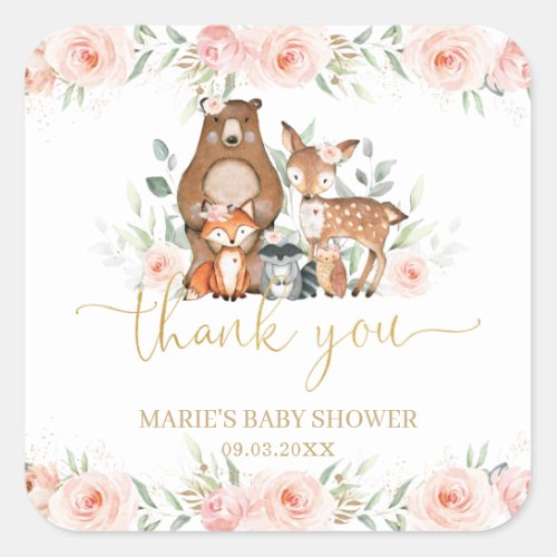 Woodland Animals Blush Floral Thank You Favor   Square Sticker