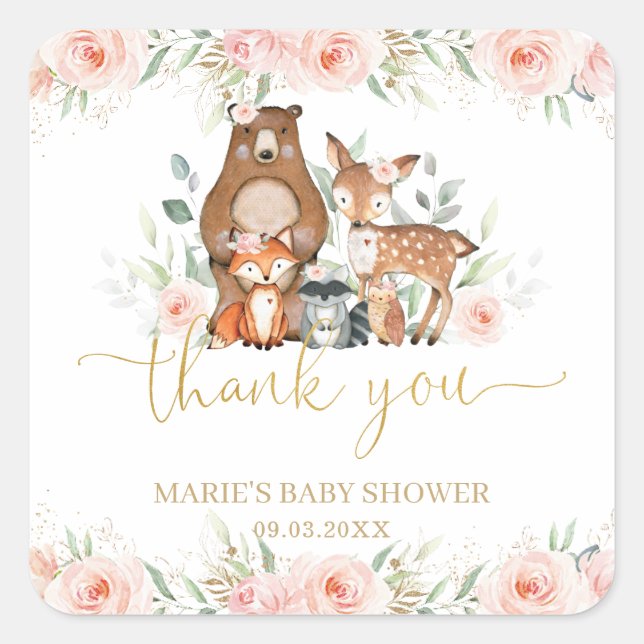 Woodland Animals Blush Floral Thank You Favor   Square Sticker (Front)
