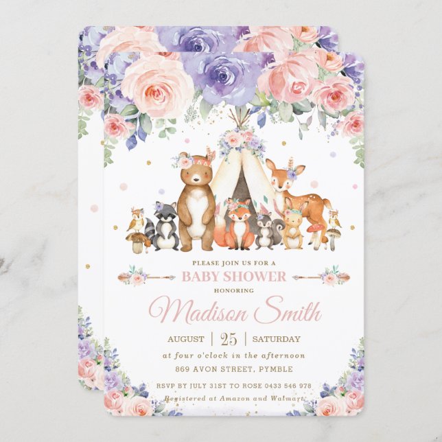 Woodland Animals Blush Lilac Floral Baby Shower Invitation (Front/Back)
