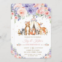 Woodland Animals Blush Lilac Floral Birthday  Invitation