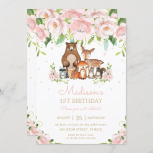 Woodland Animals Blush Pink Floral 1st Birthday Invitation