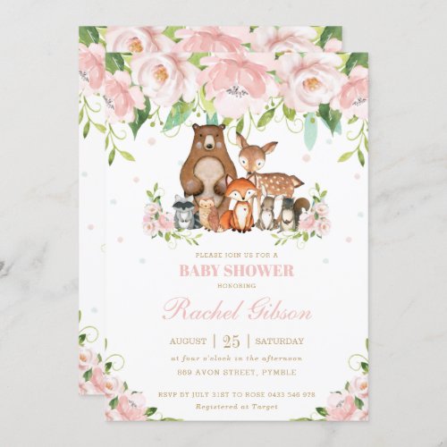 Woodland Animals Blush Pink Floral Baby Shower Invitation