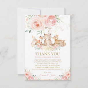 Woodland Animals Blush Pink Floral Baby Shower Thank You Card