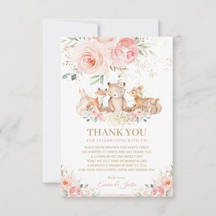 Woodland Animals Blush Pink Floral Baby Shower Thank You Card