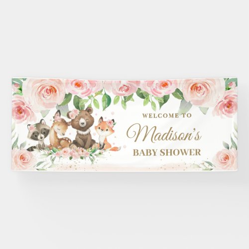 Woodland Animals Blush Pink Floral Backdrop Banner