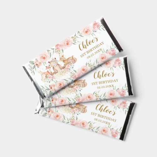 Woodland Animals Blush Pink Floral Birthday Party Hershey Bar Favors