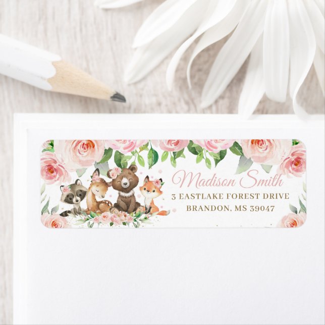 Woodland Animals Blush Pink Floral Return Address  Label (Insitu)