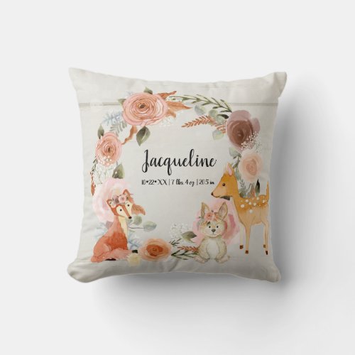 Woodland Animals Blush Pink Floral Watercolor Girl Throw Pillow