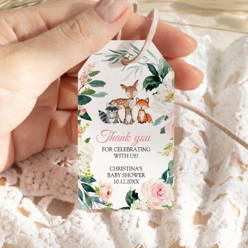 Woodland Animals  Blush Pink Flowers Baby Shower Gift Tags