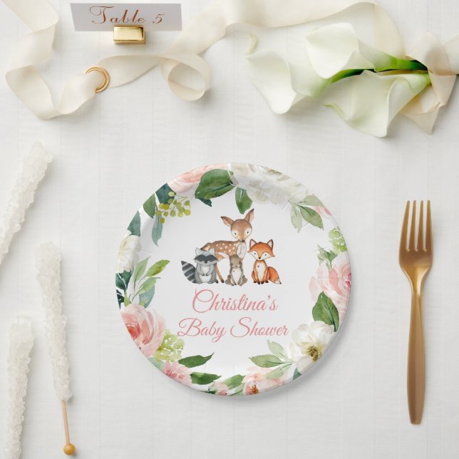 Woodland Animals & Blush Pink Flowers Baby Shower Paper Plates (Wedding)