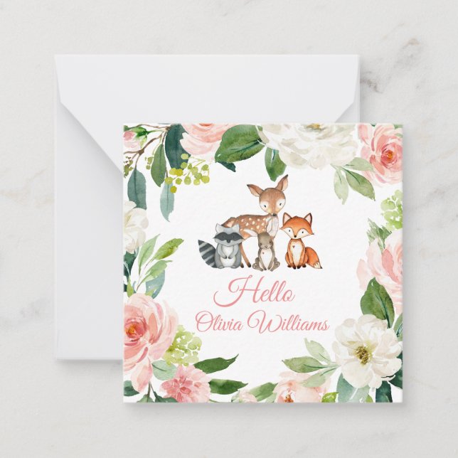 Woodland Animals & Blush Pink Flowers  Note Card (Front)