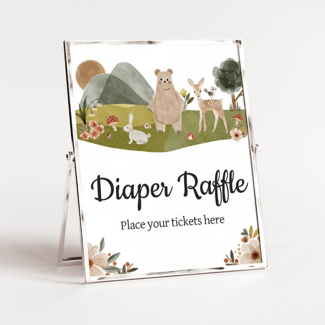 Woodland Animals Boho Baby Shower Diaper Raffle Poster (Gender Neutral Boho Baby Shower Diaper Raffle Sign)