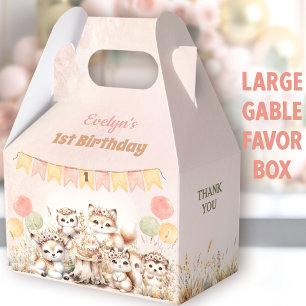 Woodland Animals Boho Girl 1st Birthday Large Favor Boxes